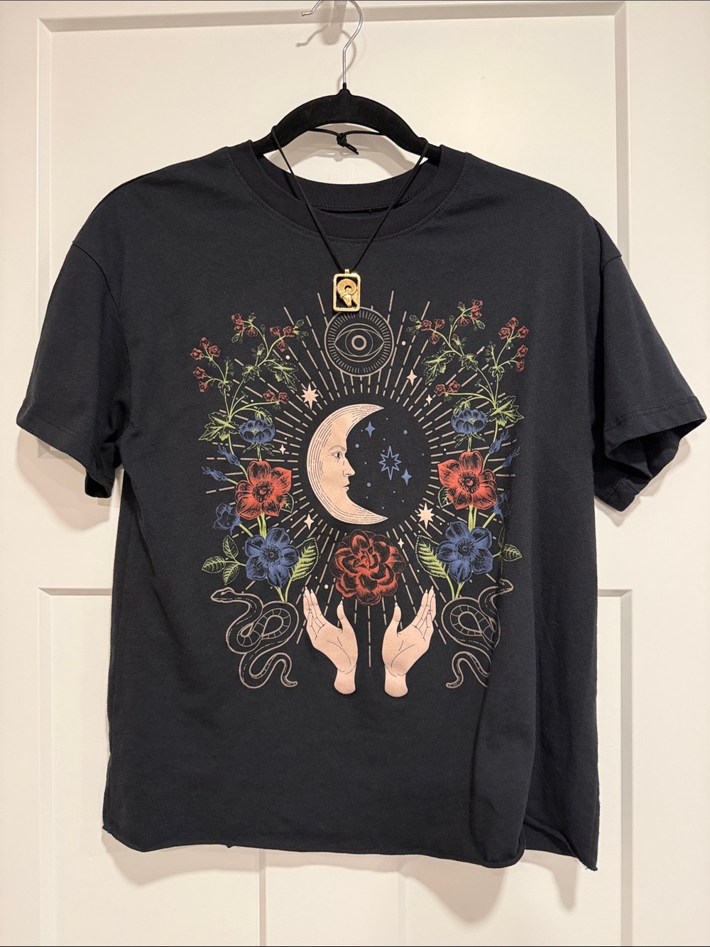 Hybrid Apparel Celestial Moon Floral Snake Graphic T-Shirt Black Women’s M